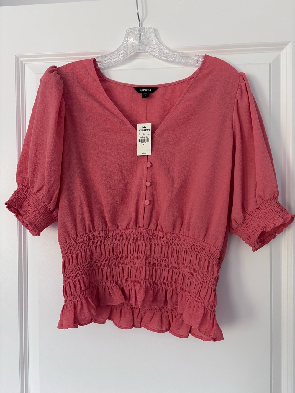 Express Coral-Pink Smocked V-Neck Blouse NWT